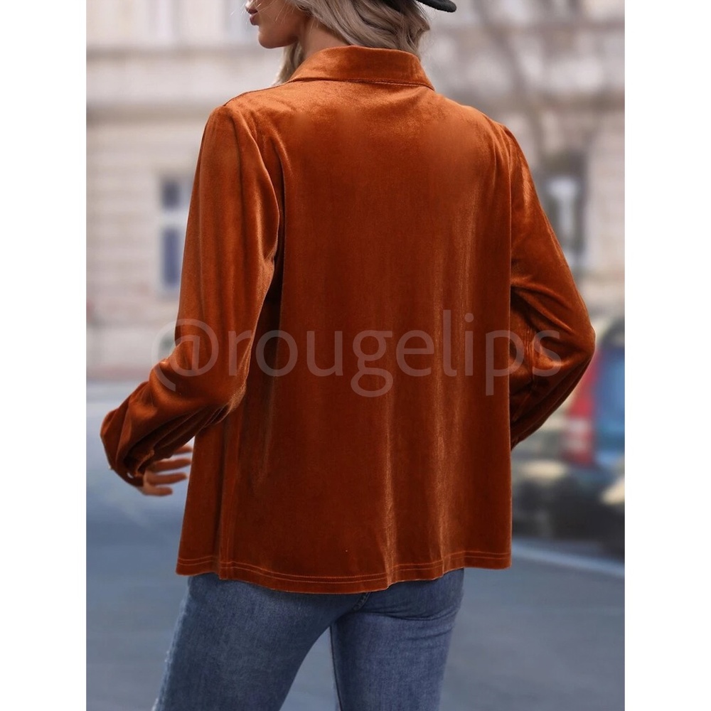 Velvet Rust Brown / Orange Casual Button Up / Down Shirt Collar, V-Neck - Picture 6 of 9